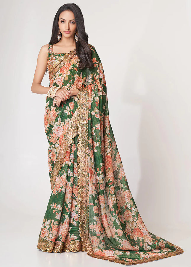 Green Floral Print and Embroidered Saree
