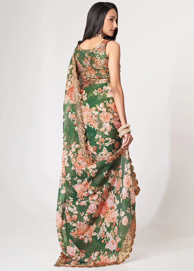 Green Floral Print and Embroidered Saree