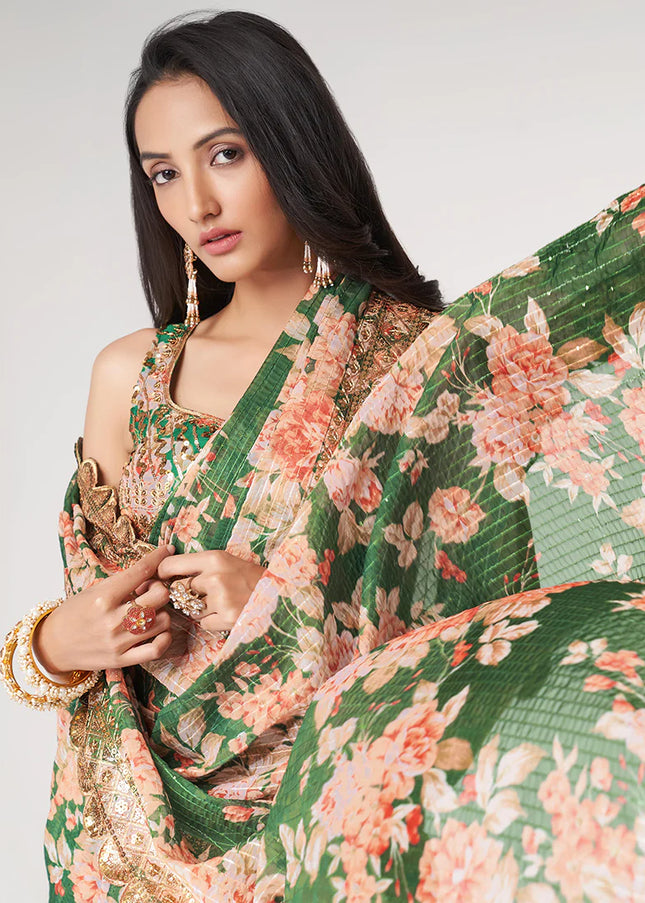 Green Floral Print and Embroidered Saree