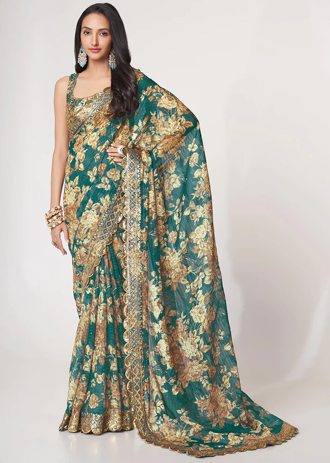 Turquoise Green Floral Print and Embroidered Saree
