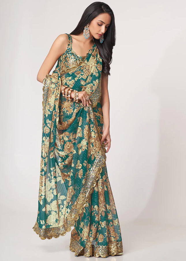 Turquoise Green Floral Print and Embroidered Saree