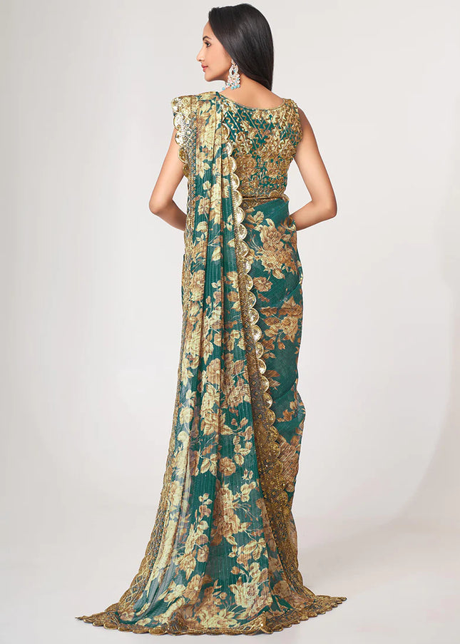 Turquoise Green Floral Print and Embroidered Saree