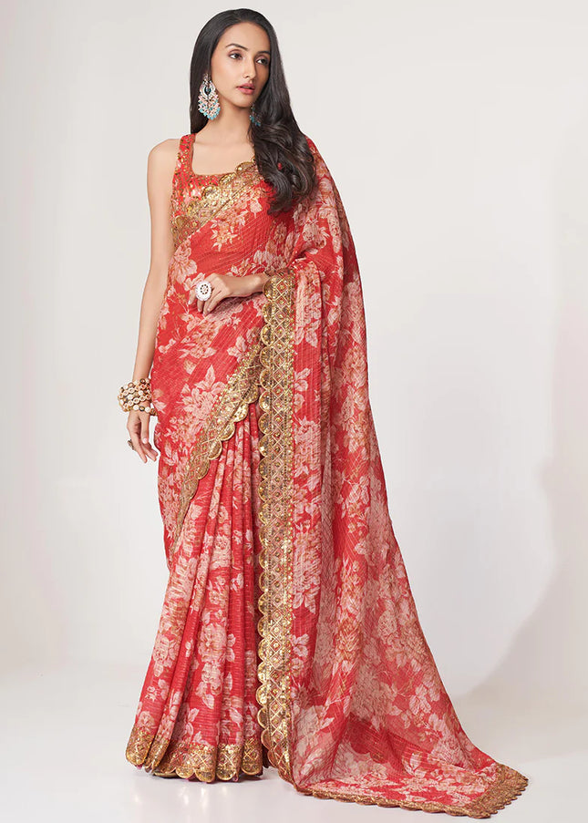 Red Floral Print and Embroidered Saree