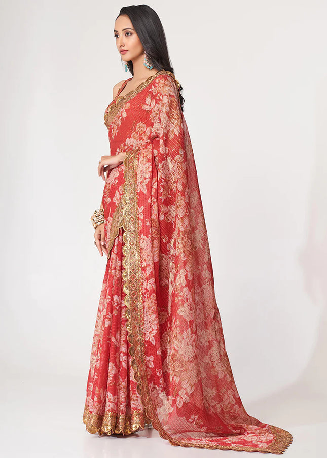 Red Floral Print and Embroidered Saree