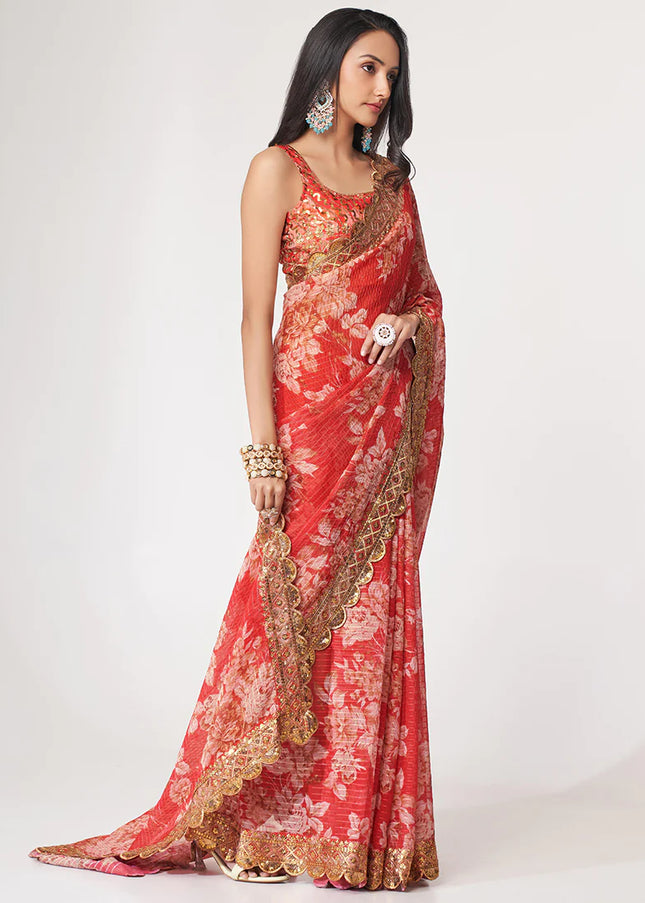 Red Floral Print and Embroidered Saree