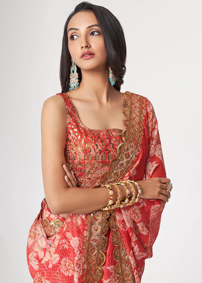 Red Floral Print and Embroidered Saree