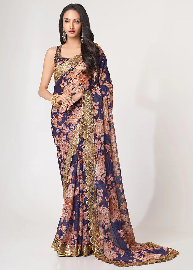 Blue Floral Print and Embroidered Saree