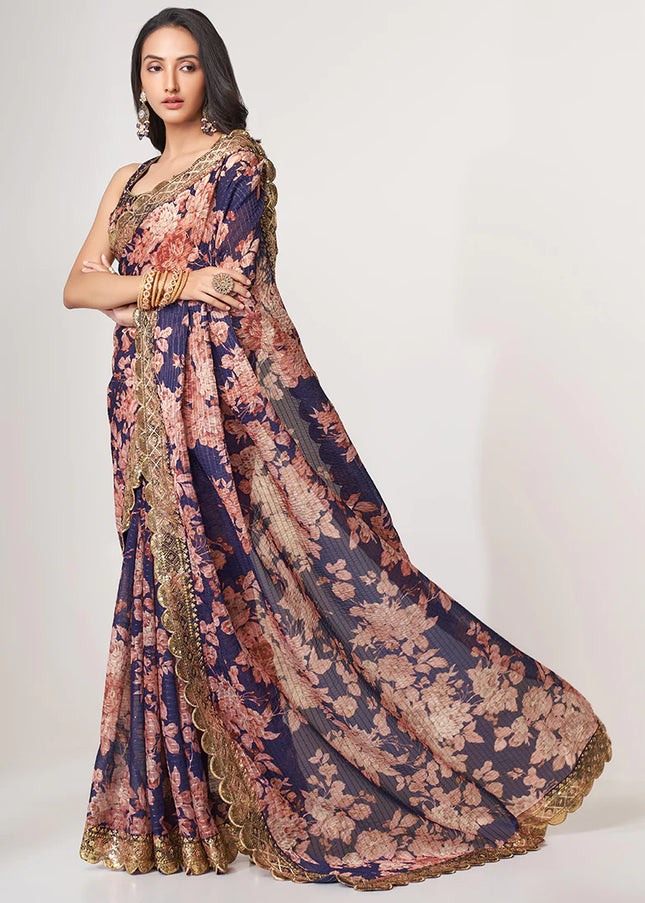 Blue Floral Print and Embroidered Saree