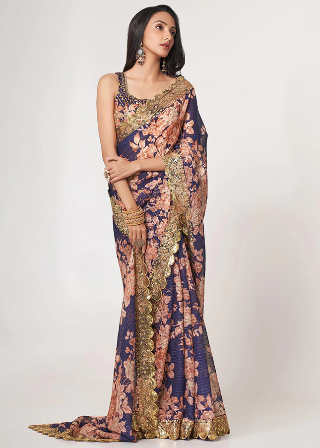 Blue Floral Print and Embroidered Saree