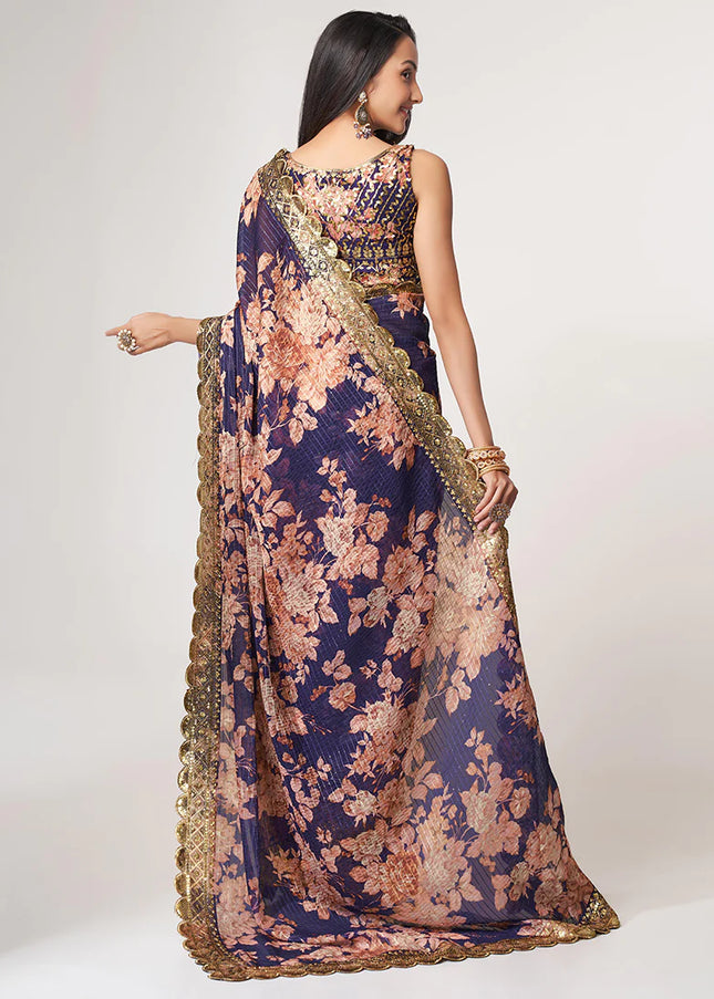 Blue Floral Print and Embroidered Saree