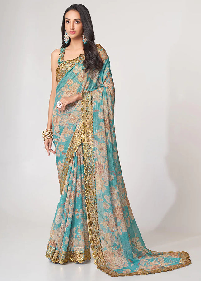 Teal Floral Print and Embroidered Saree