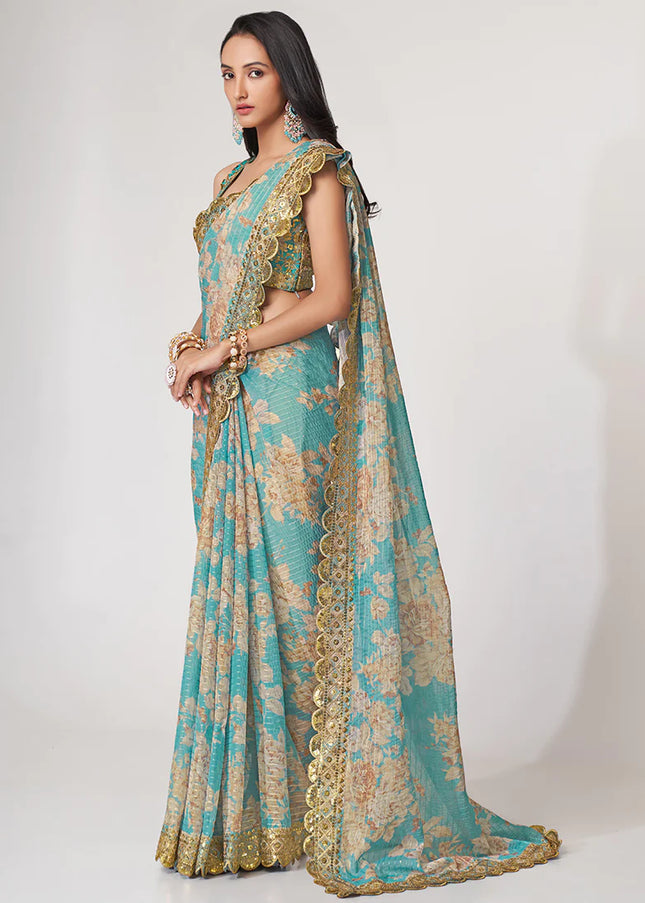 Teal Floral Print and Embroidered Saree