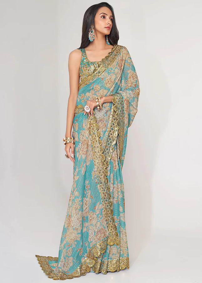 Teal Floral Print and Embroidered Saree