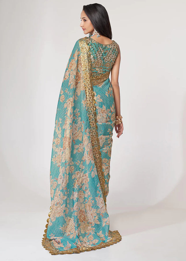 Teal Floral Print and Embroidered Saree