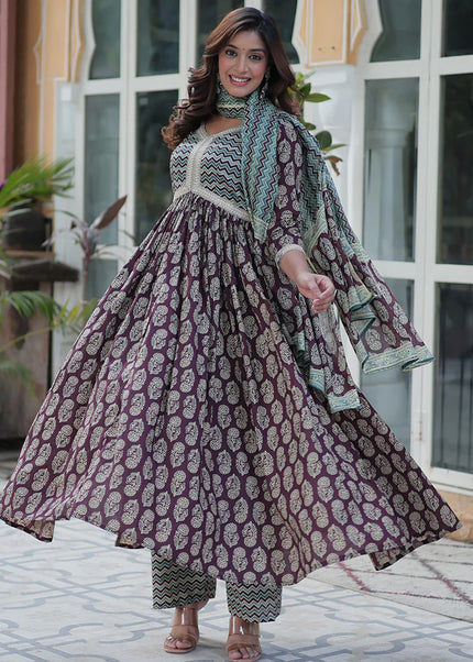 Cotton Printed Embroidered Pant Style Suit