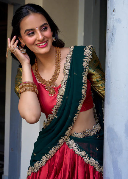 Red and Green Embroidered Lehenga Choli