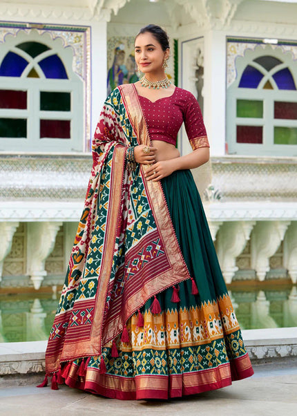 Green and Maroon Embroidered Lehenga Choli