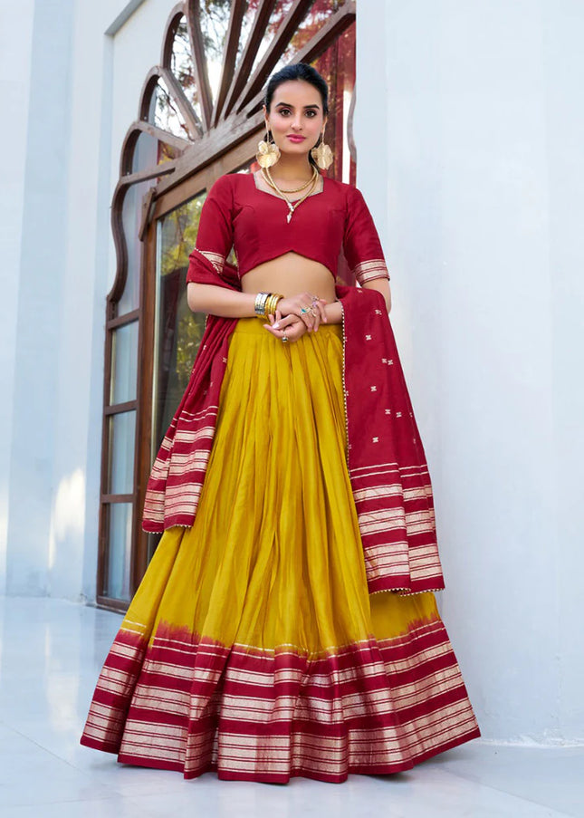Red and Yellow Weaved Lehenga Choli