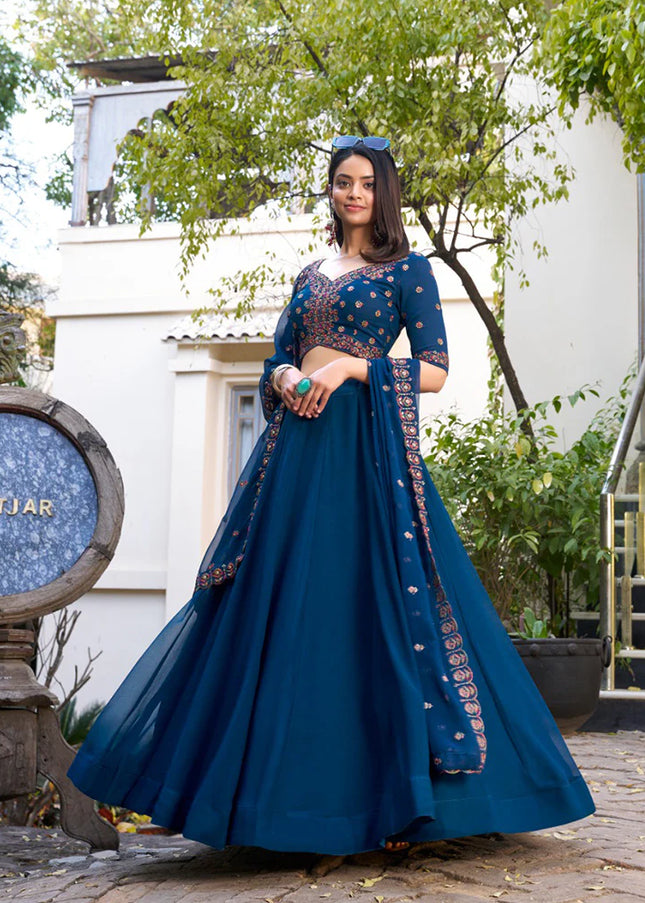 Teal Blue Embroidered Lehenga Choli