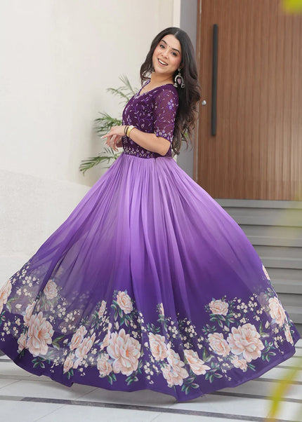 Purple and Lavender Printed and Embroidered Anarkali Gown