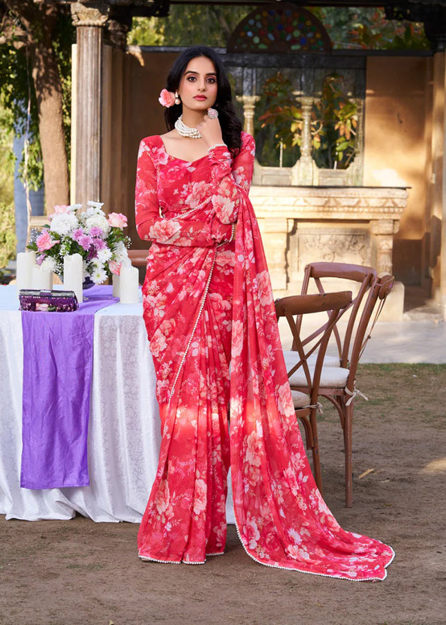 Red Floral Printed and Embroidered Saree