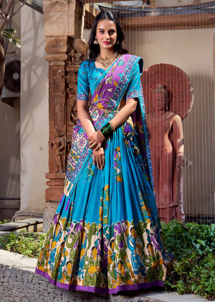 Sky Blue Printed and Embroidered Lehenga Choli