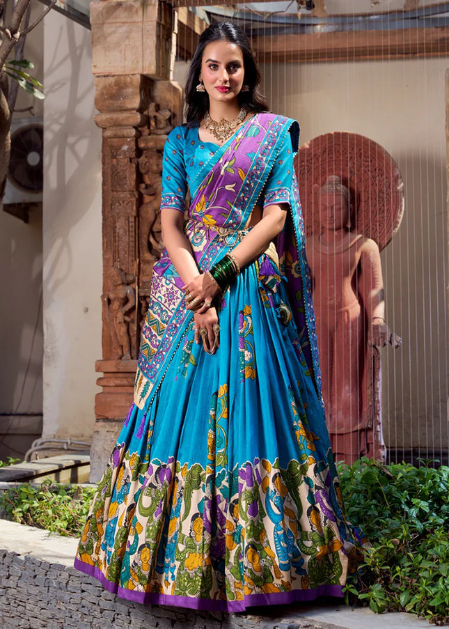 Sky Blue Printed and Embroidered Lehenga Choli