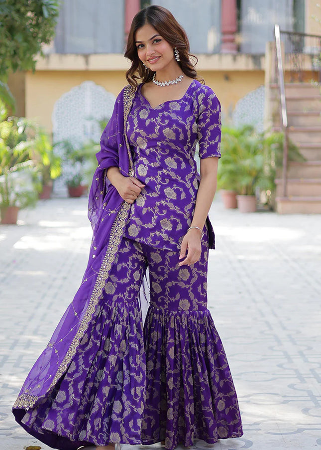 Violet Embroidered Gharara Suit