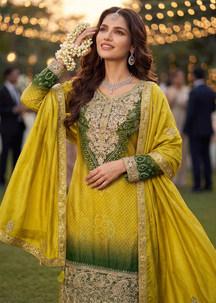 Mustard Yellow and Green Embroidered Sharara Suit