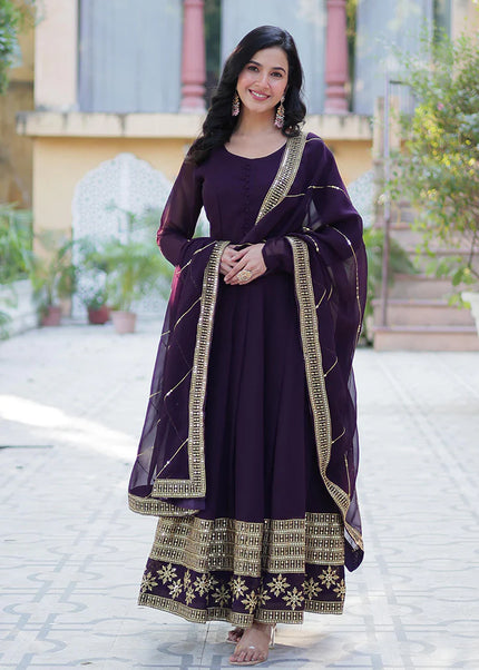 Violet and Gold Embroidered Anarkali Gown