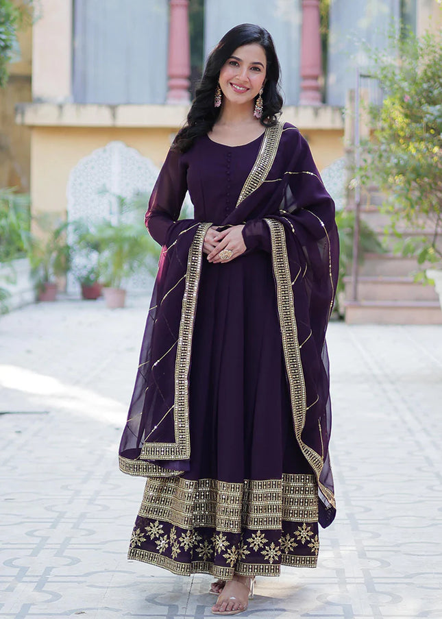 Violet and Gold Embroidered Anarkali Gown