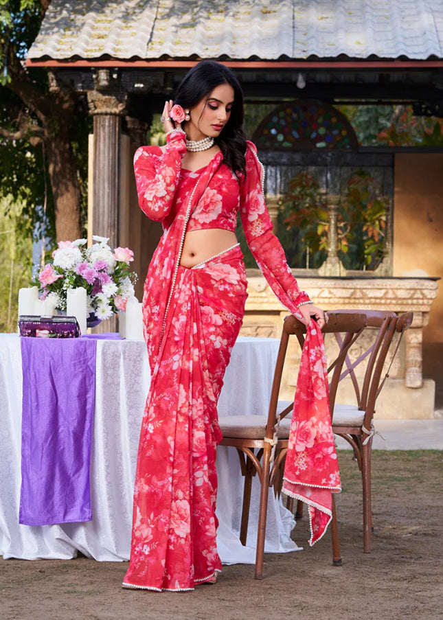 Red Floral Printed and Embroidered Saree