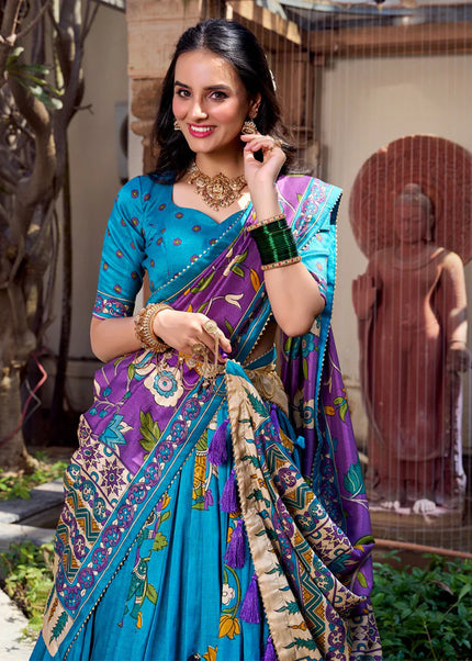 Sky Blue Printed and Embroidered Lehenga Choli