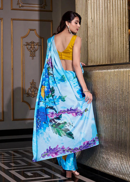 Sky Blue and Yellow Floral Printed and Embroidered Saree