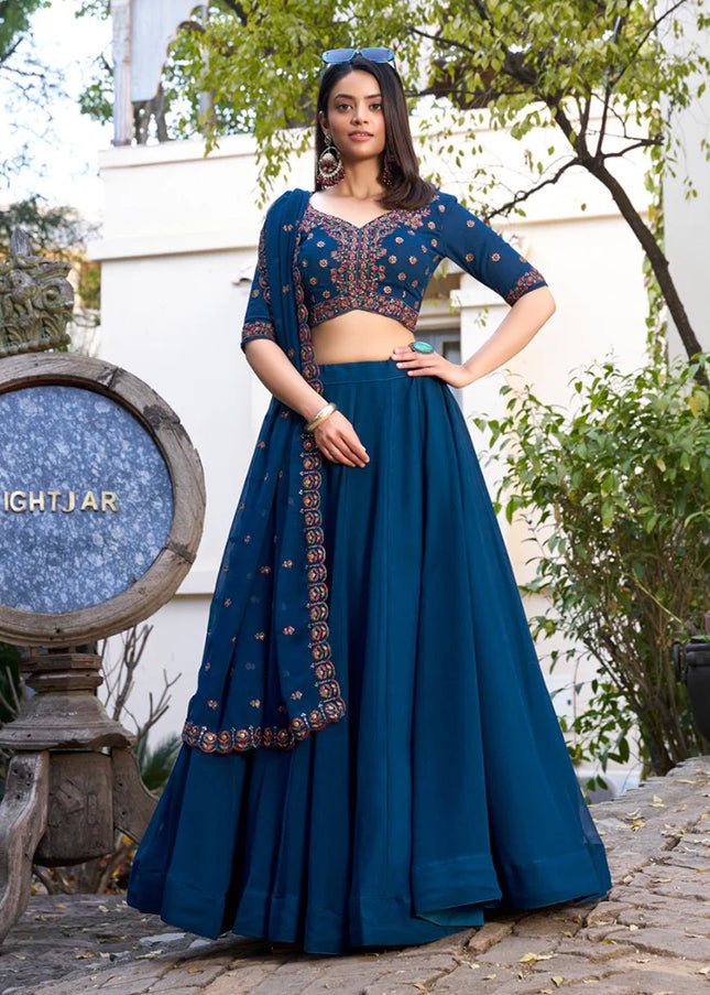 Teal Blue Embroidered Lehenga Choli