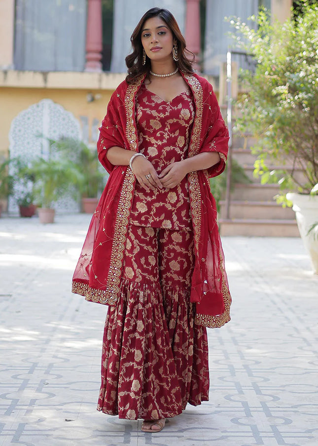 Maroon Embroidered Gharara Suit