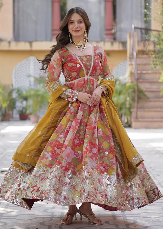 Red Multicolor Printed and Embroidered Anarkali Gown