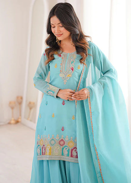 Sky Blue Embroidered Sharara Suit