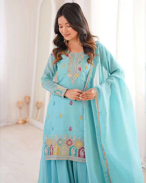 Sky Blue Embroidered Sharara Suit