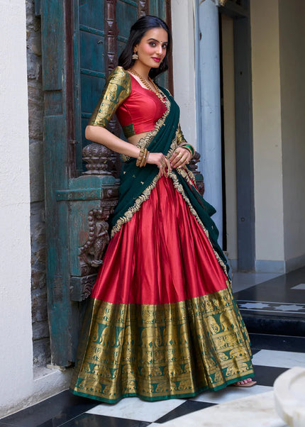 Red and Green Embroidered Lehenga Choli