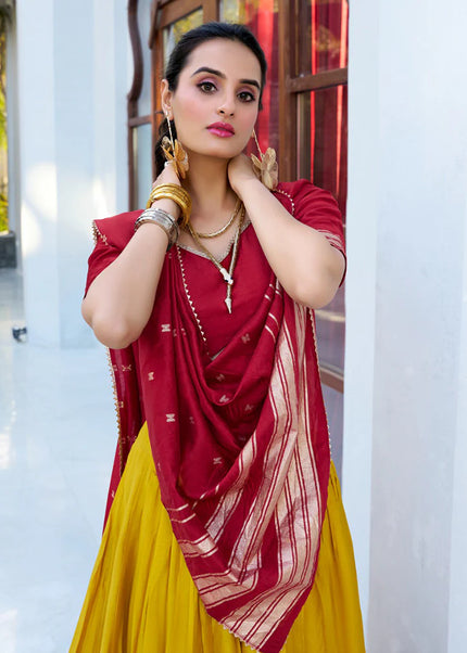 Red and Yellow Weaved Lehenga Choli