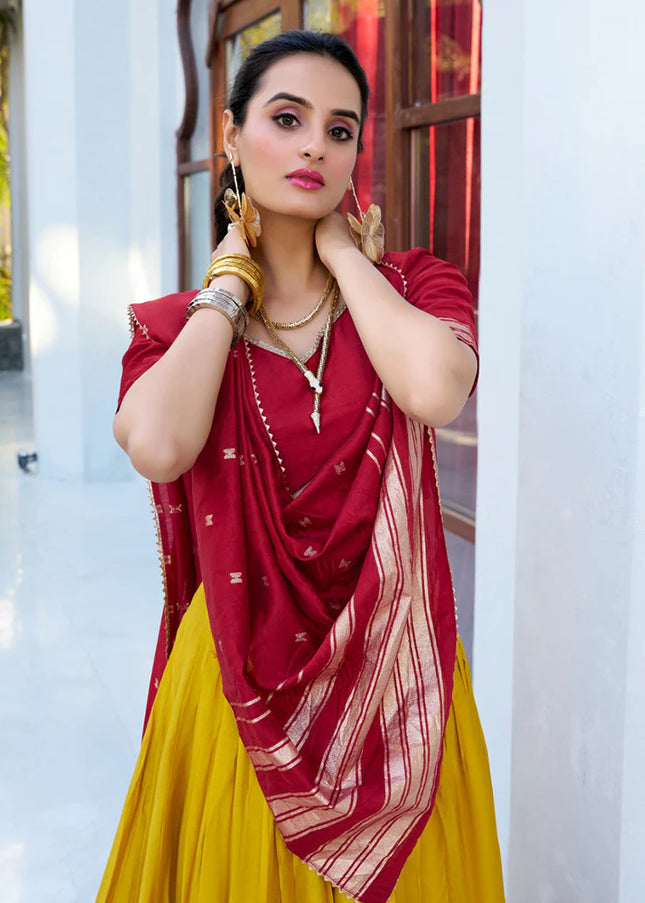 Red and Yellow Weaved Lehenga Choli