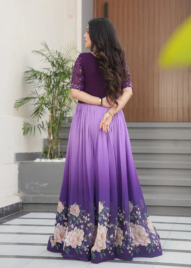 Purple and Lavender Printed and Embroidered Anarkali Gown