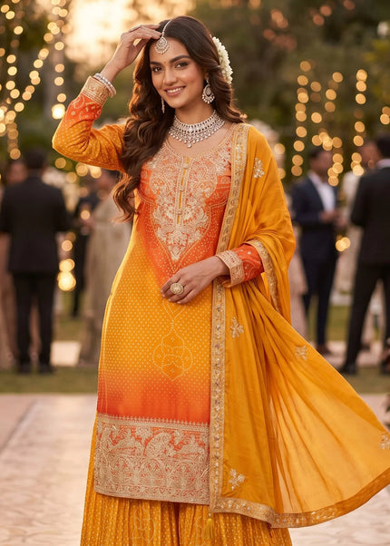 Mustard Yellow and Orange Embroidered Sharara Suit