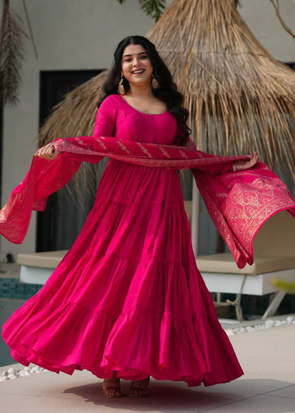 Pink Chanderi Silk Layered Anarkali Suit