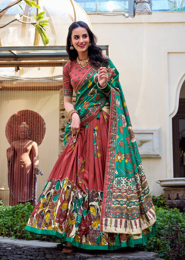 Orange Printed and Embroidered Lehenga Choli