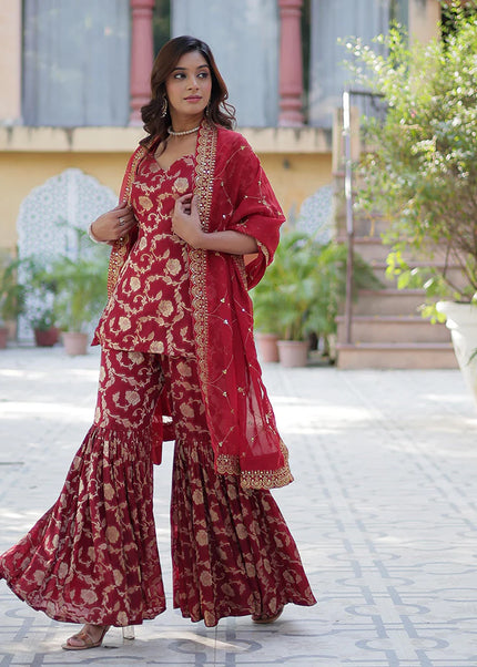 Maroon Embroidered Gharara Suit