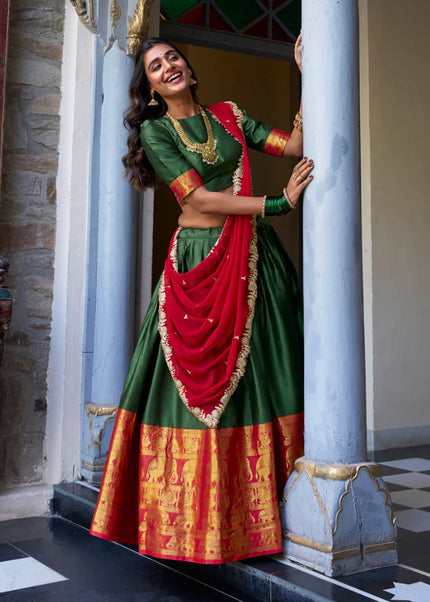 Green and Red Embroidered Lehenga Choli