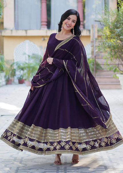 Violet and Gold Embroidered Anarkali Gown
