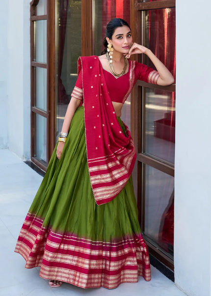 Pink and Green Weaved Lehenga Choli